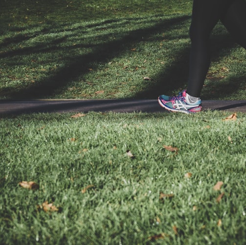 shallow focus photography of person walking on road between grass