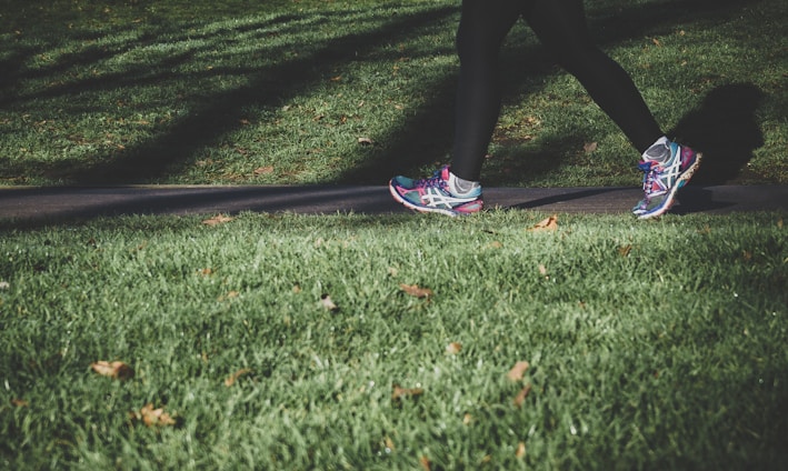 shallow focus photography of person walking on road between grass