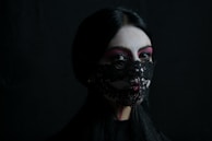 A person with long dark hair is wearing intricately designed black lace covering parts of their face. The use of face paint with a white base and pink accents around the eyes creates a striking contrast against the dark background, adding a mysterious and artistic effect.