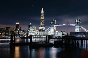 A nighttime cityscape of Newcastle upon Tyne with illuminated bridges and historic architecture.