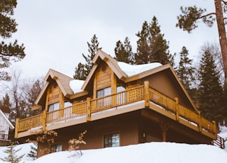 brown house covered and surrounded by snow