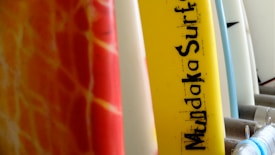 A row of surfboards with various colors and designs, including a yellow one prominently labeled 'Mundaka Surf'. The boards are lined up closely together, highlighting their vibrant hues and patterns.
