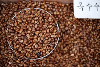 A close-up of a container filled with dark brown roasted corn kernels. The kernels are varying shades of brown, appearing shiny and textured. Part of a sign with Korean writing is visible in the upper right corner.