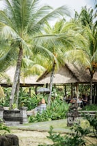 Lush tropical garden with numerous palm trees and vibrant green foliage. Traditional thatched-roof huts blend seamlessly into the natural surroundings, creating a shaded area where people gather. Intricately carved stone statues are nestled among the plants, adding a serene and cultural atmosphere.