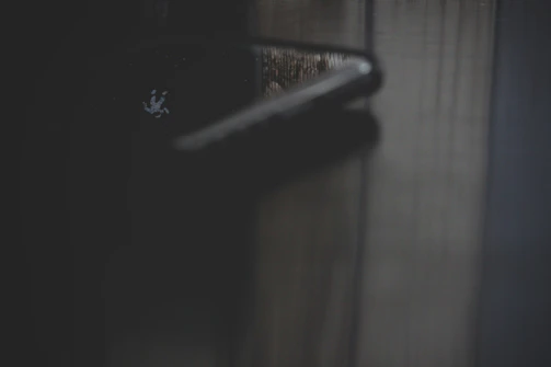 Close-up of a golden door handle on a stylish dark brown front door, reflecting a refined entrance.
