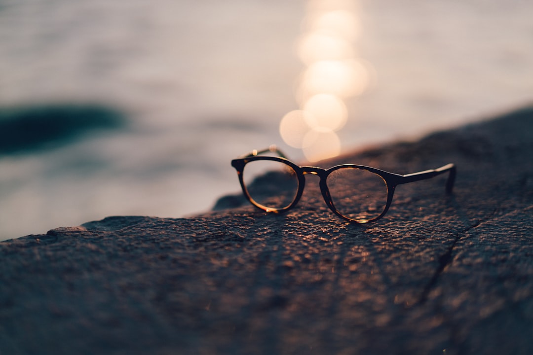 close-up photography of black framed clear lens sunglasses near body of water