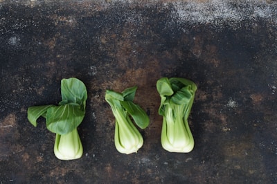 Three fresh bok choy vegetables are neatly arranged in a row on a textured dark surface. The leafy greens stand upright, showcasing their vibrant green tops and pale green stalks.