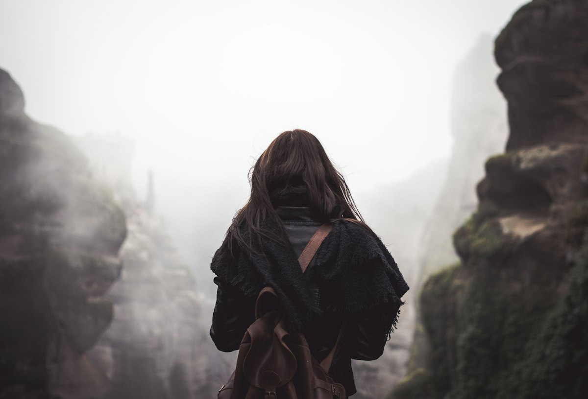 A woman with a brown backpack standing with her back to the camera, looking out at mountains