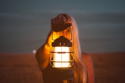 shallow focus photography of woman holding lantern