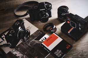 black box surround by three cameras