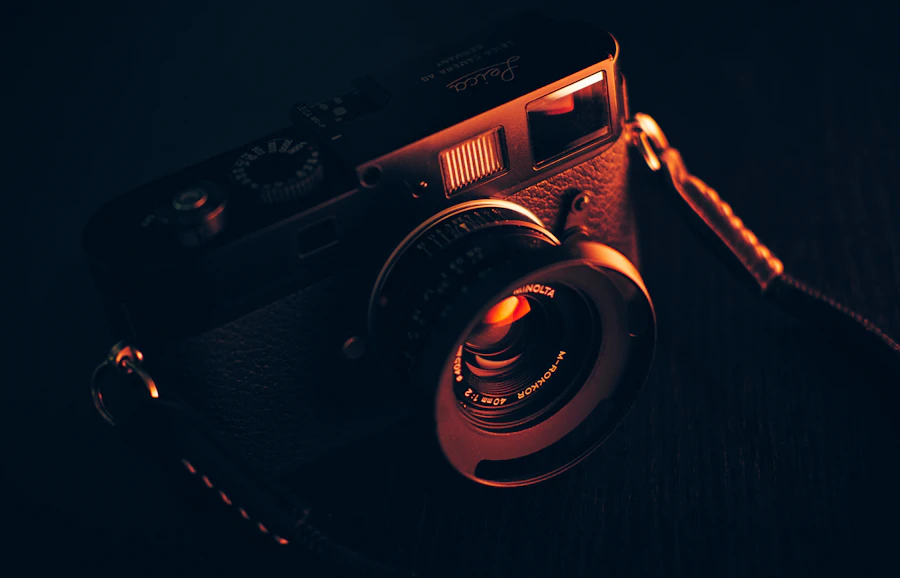 Film camera lit by warm light