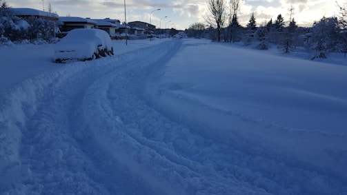 A snow-covered driveway with clear tire tracks leading to a house.