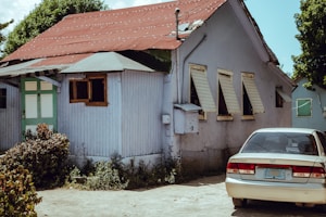 A house with a weathered, rust-colored metal roof and pale blue wooden siding stands surrounded by greenery. The building has a mix of wooden and metal-framed windows, some open with shutters. A white and green door is visible, and a parked light-colored sedan is partially seen in the driveway.