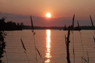 The sun setting behind a quiet fishing spot, casting warm orange light over the water.