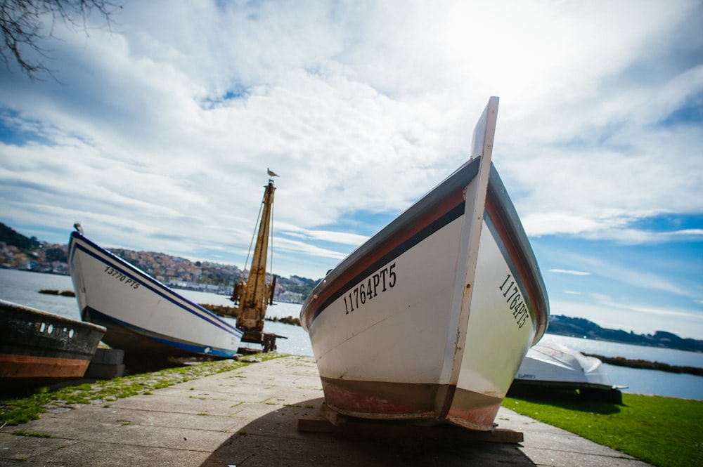 white and blue boat on brown sand during daytime