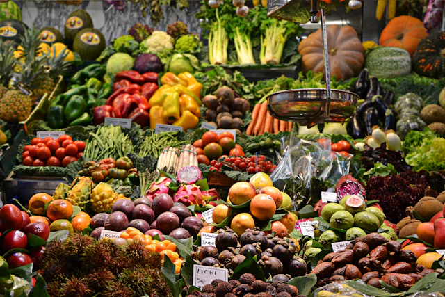colorful fresh fruits and vegetables market