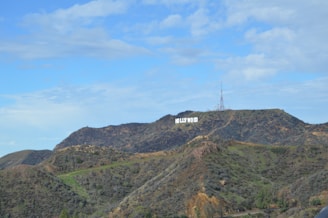 A scenic hillside with a large iconic sign displaying the name 'Hollywood'. The area is lush with greenery, and there is a communication tower visible in the distance against a partly cloudy sky.