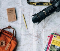 flat lay photography of camera, book, and bag