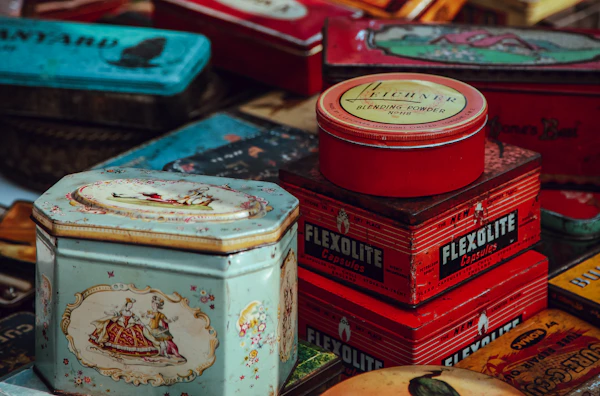Assortment of vintage metal containers and collectible tins