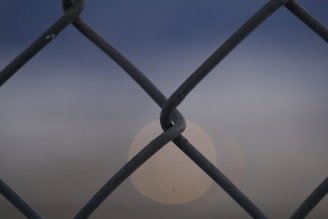 Close-up of standard privacy tape woven through chain-link fence under sunlight.