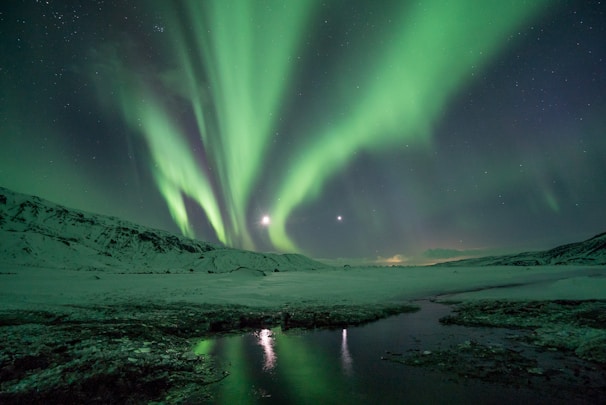 The Northern Lights dancing over a snowy landscape in the Yukon, creating a magical night sky.