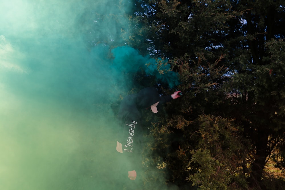 green trees with blue smoke