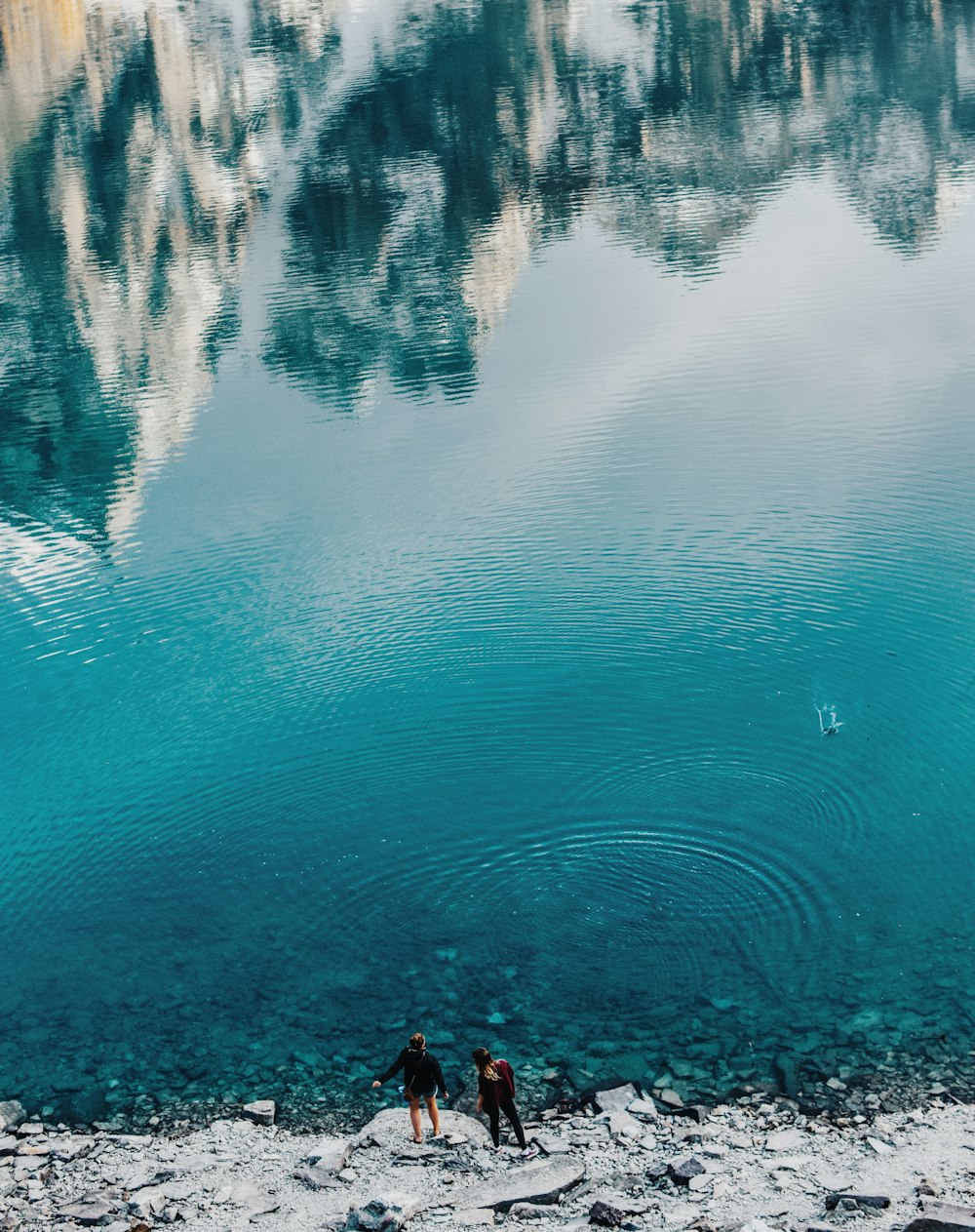 aerial view photography of two people standing on shore