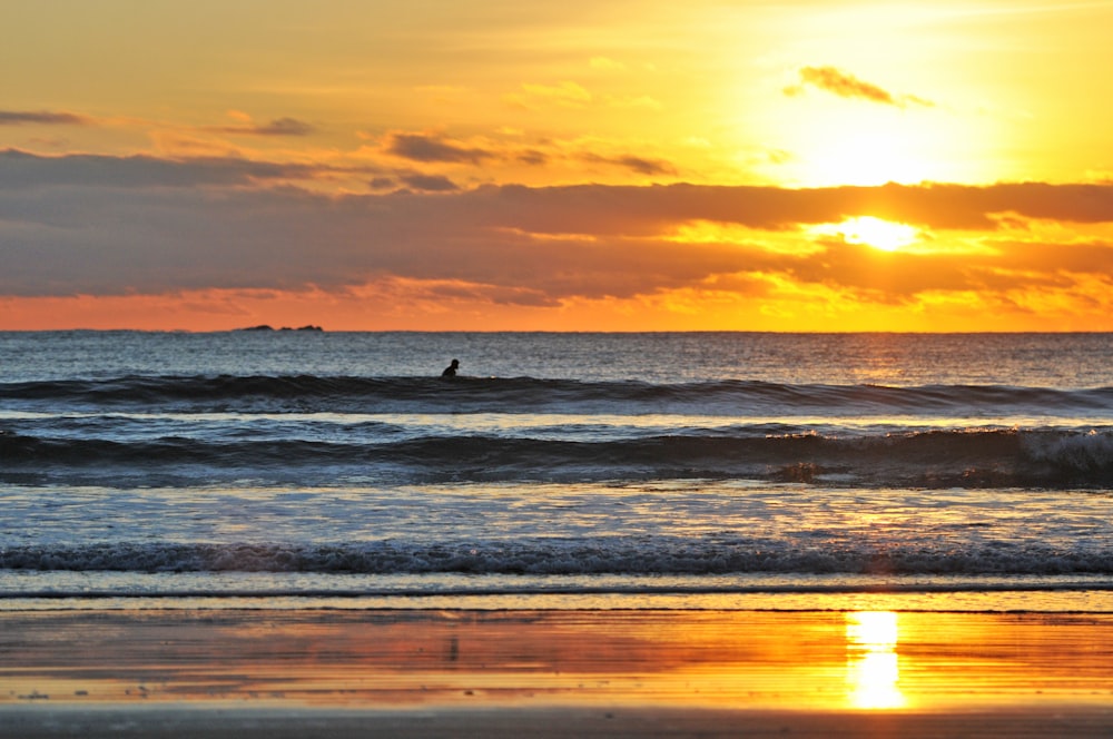 Fotografia de paisagem da costa do mar sob o pôr do sol