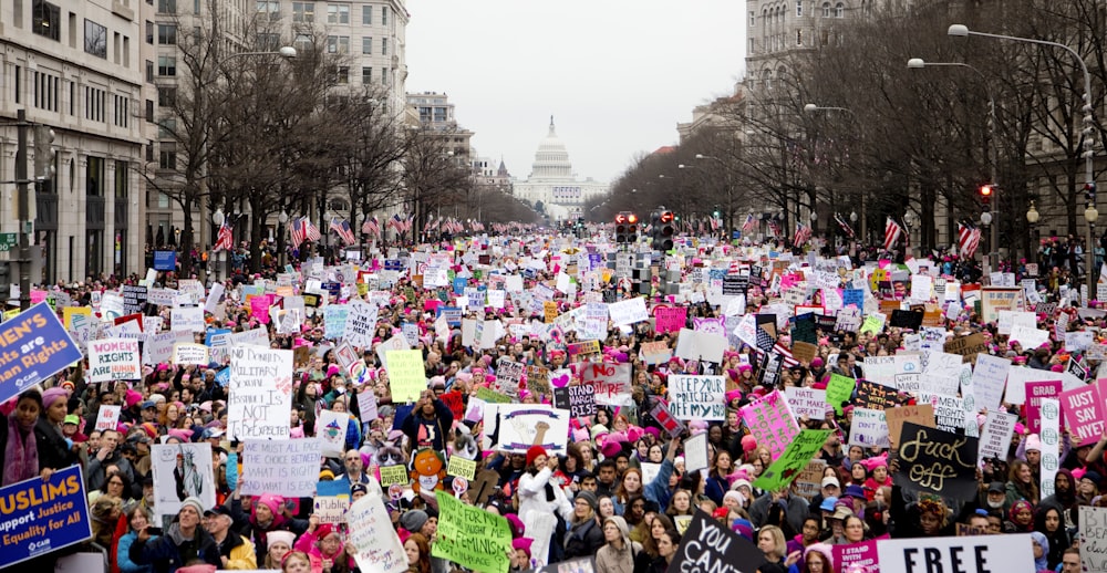 crowd of people holding placards