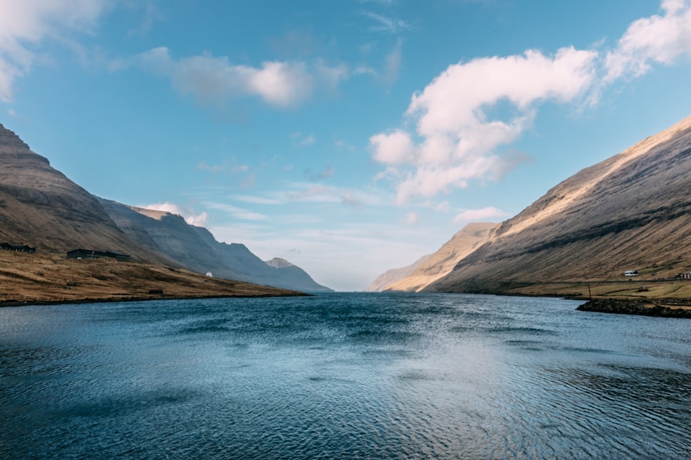 body of water in the middle of brown mountains under clear blue sky