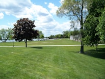 A lush, green park landscape features sprawling grass, a few scattered deciduous trees with varying shades of green leaves, and a clear blue sky with fluffy white clouds. A paved pathway cuts across the grass, and there is a body of water in the distance framed by more trees.
