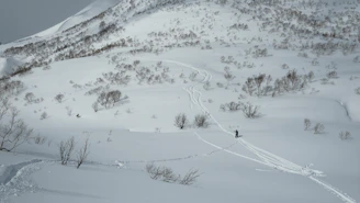 A serene snowy mountain landscape with a lone skier enjoying a peaceful descent under a clear blue sky.