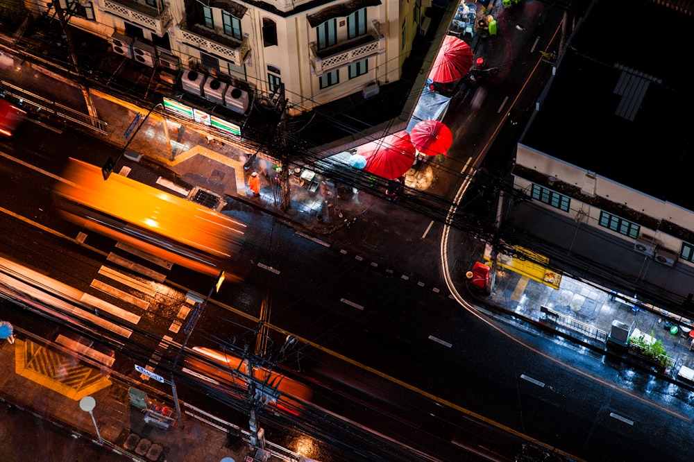 high-angle photography of building and street