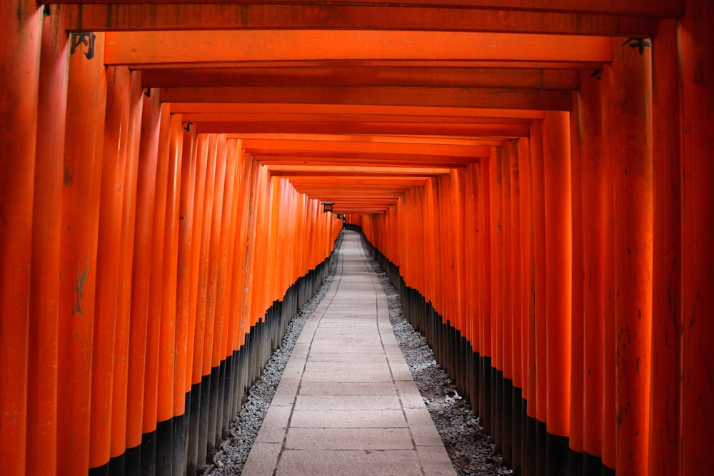 赤い木造の鳥門の建築写真