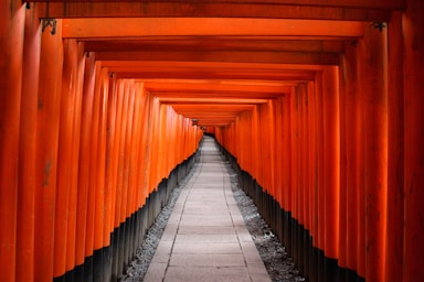 depth with layering for photo composition,how to photograph orange hallway leading to kyoto prefecture; architectural photography of red wooden tori gate