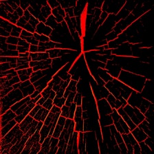 A pattern resembling a cracked surface with red fissures spreading outwards on a black background. The cracks are irregular and create a web-like appearance.