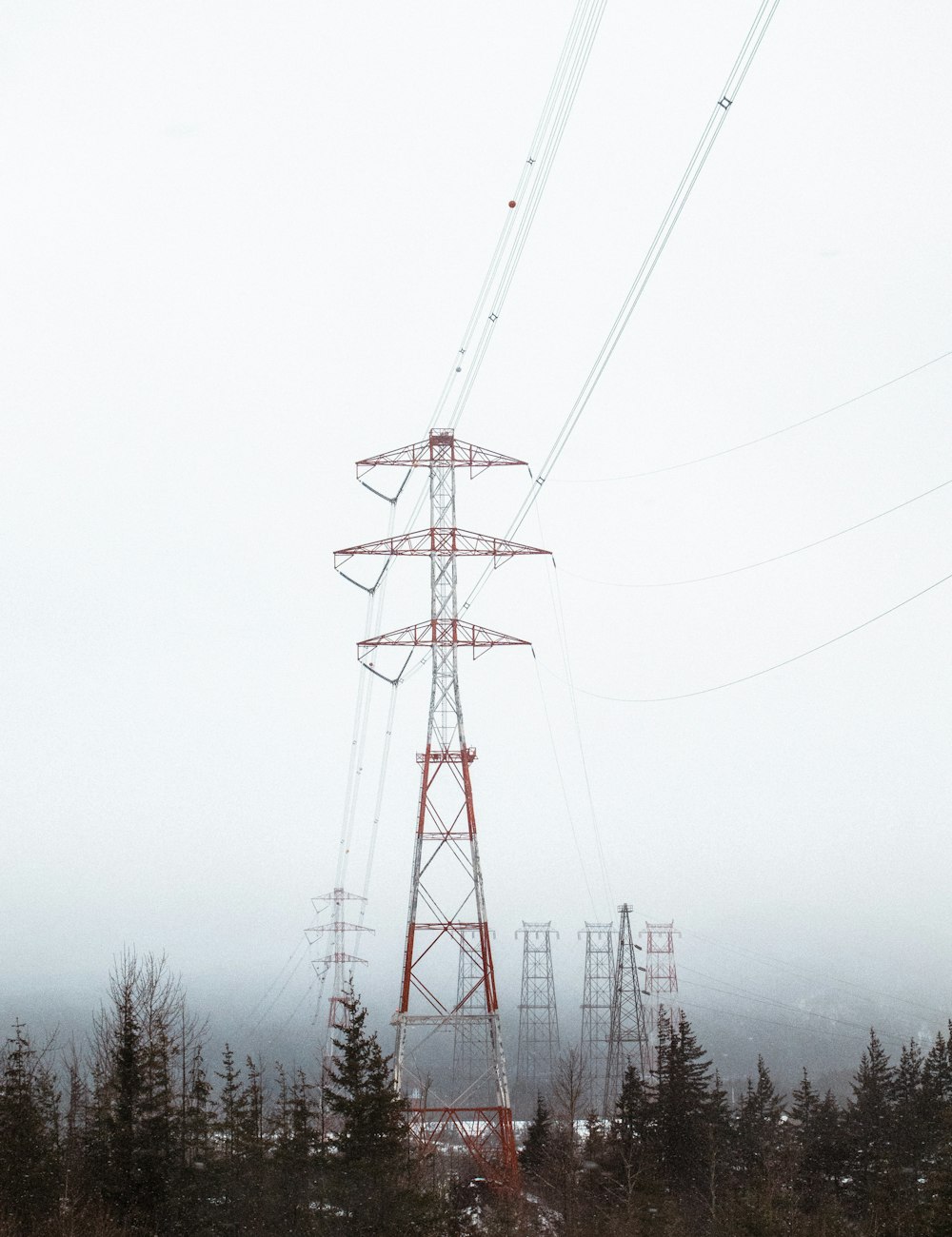 torre elettrica rossa circondata da alberi