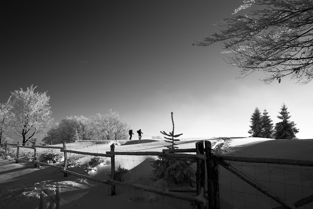 two person walking on snow