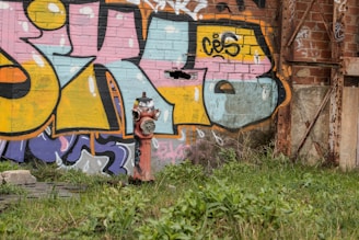 A colorful graffiti mural covers a brick wall with a variety of colors including pink, blue, yellow, and orange. In front of the mural stands a red fire hydrant labeled 'EMI'. The area around the wall is overgrown with green grass and weeds. The wall is part of an old, rusty structure.