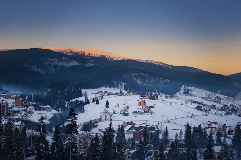 Vista aérea fotografia da montanha nevada cercada de larch trees