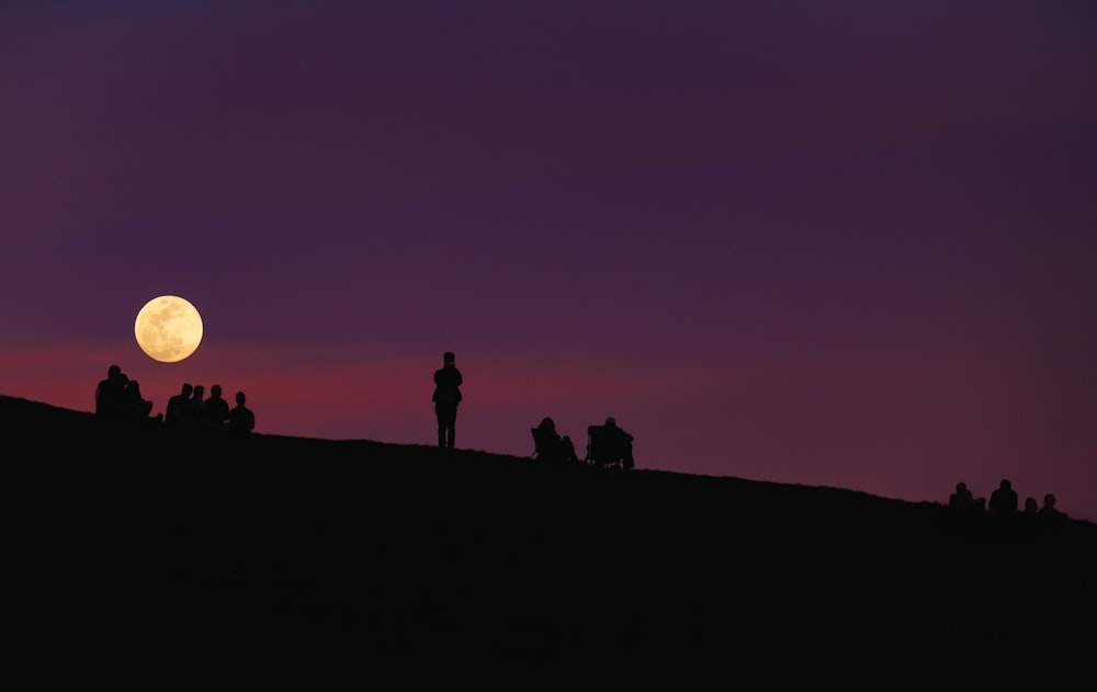 Silhouette einer Gruppe von Menschen unter violettem Nachthimmel