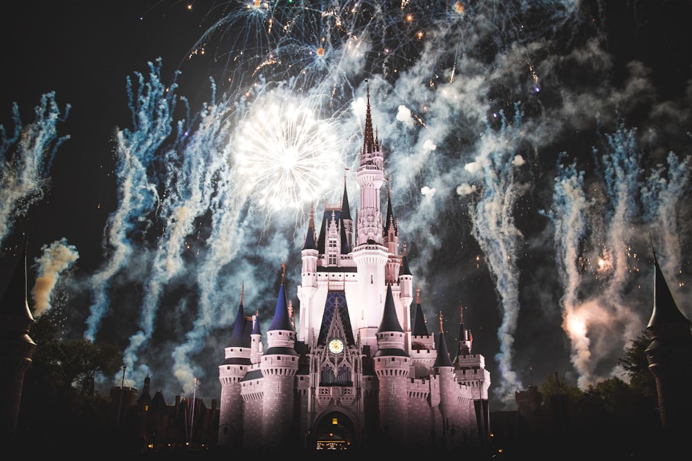 white castle with fireworks