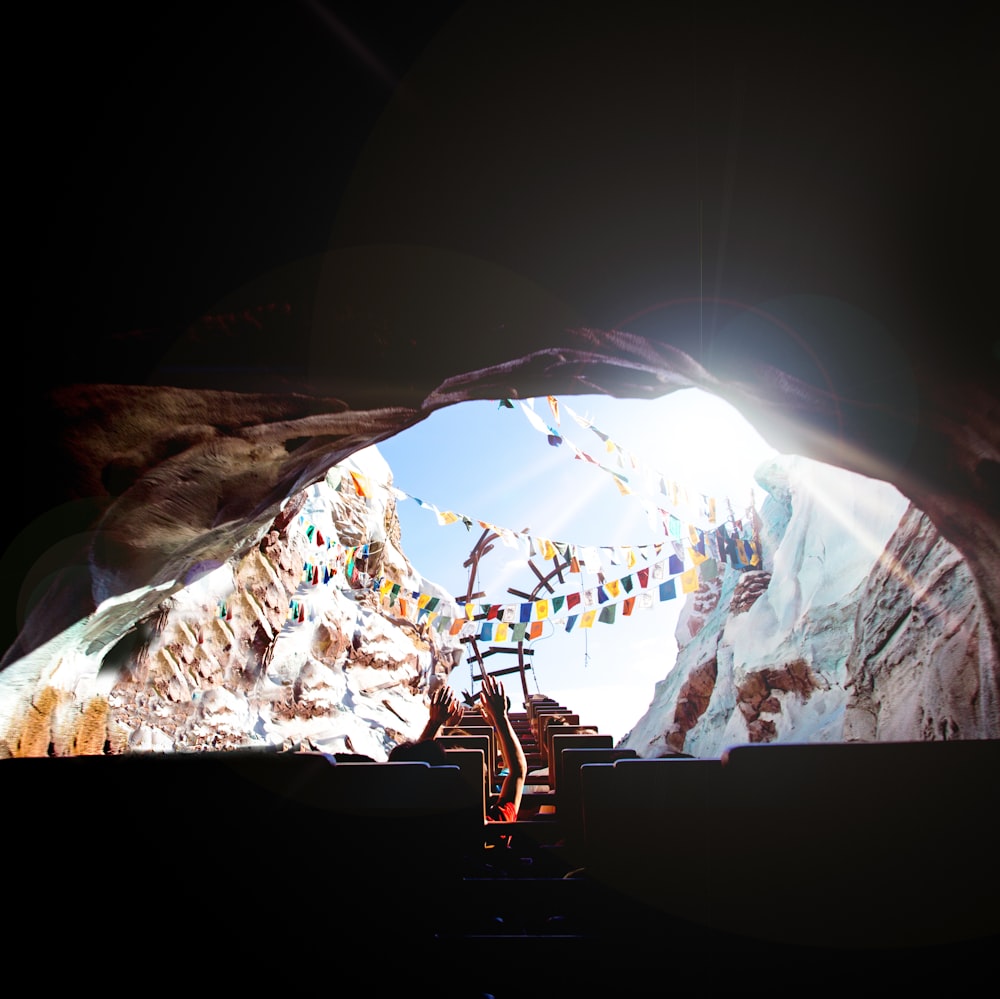 person riding roller coaster entering a hole