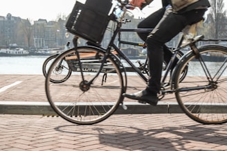 Multiple bicycles are being ridden on a cobblestone path near a body of water. In the background, there are boats anchored and buildings lining the waterfront. The scene captures a typical urban setting with transportation and leisure activities near a canal.