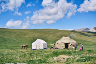 A tranquil landscape with two tents set on a vast green field under a blue sky with fluffy clouds. One tent resembles a traditional yurt made of natural materials, while the other is a modern, rectangular tent. Several people, including children, are gathered around the yurt, with a horse grazing nearby. Hills roll gently in the background, creating a serene, pastoral scene.