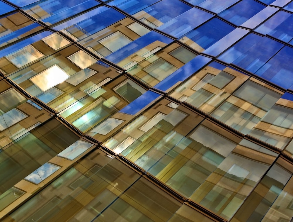 architectural photography of blue and brown building