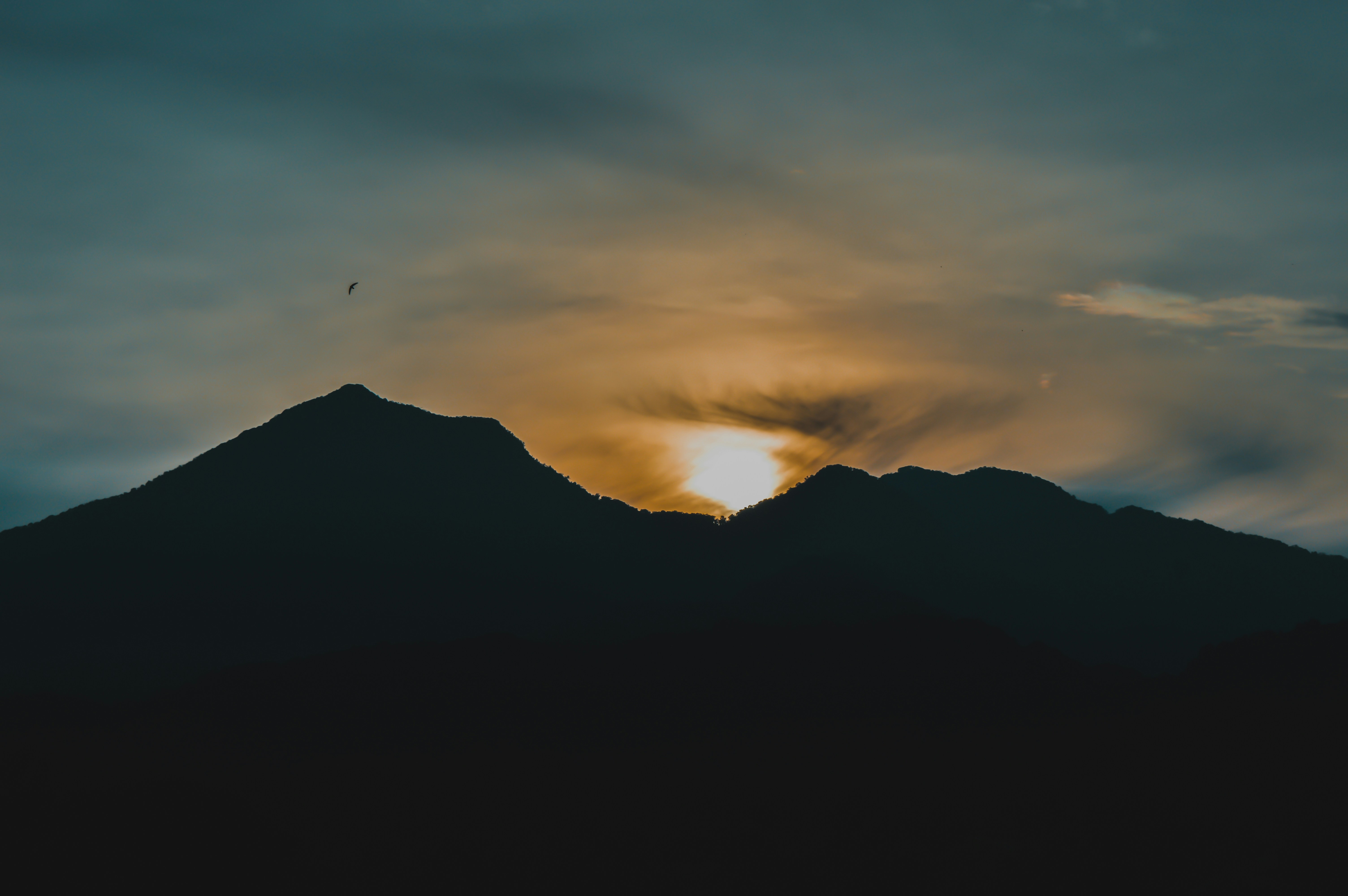 silhouette of mountain during sunrise, Mountain silhouette at dusk