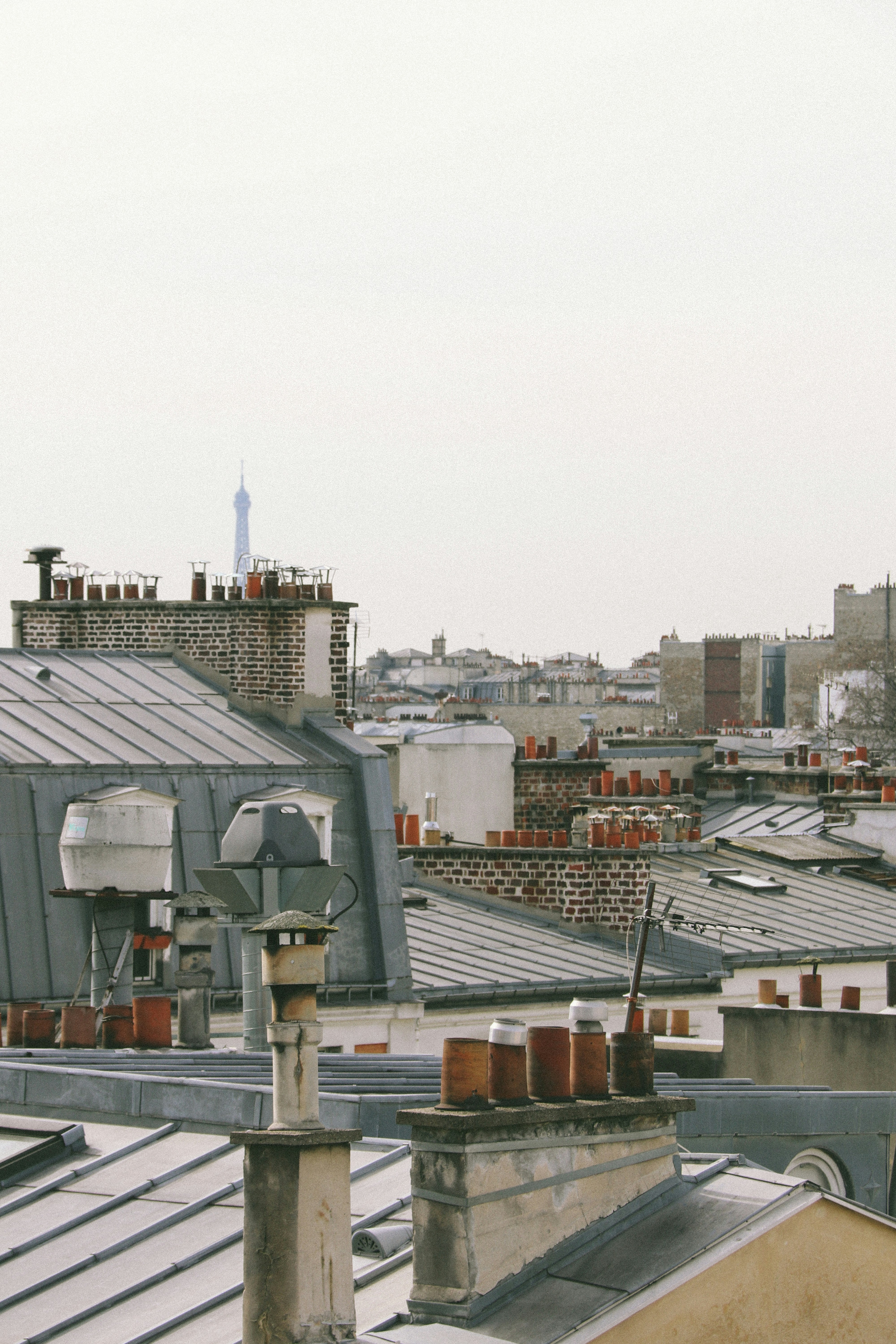 Paris rooftops with chimneys