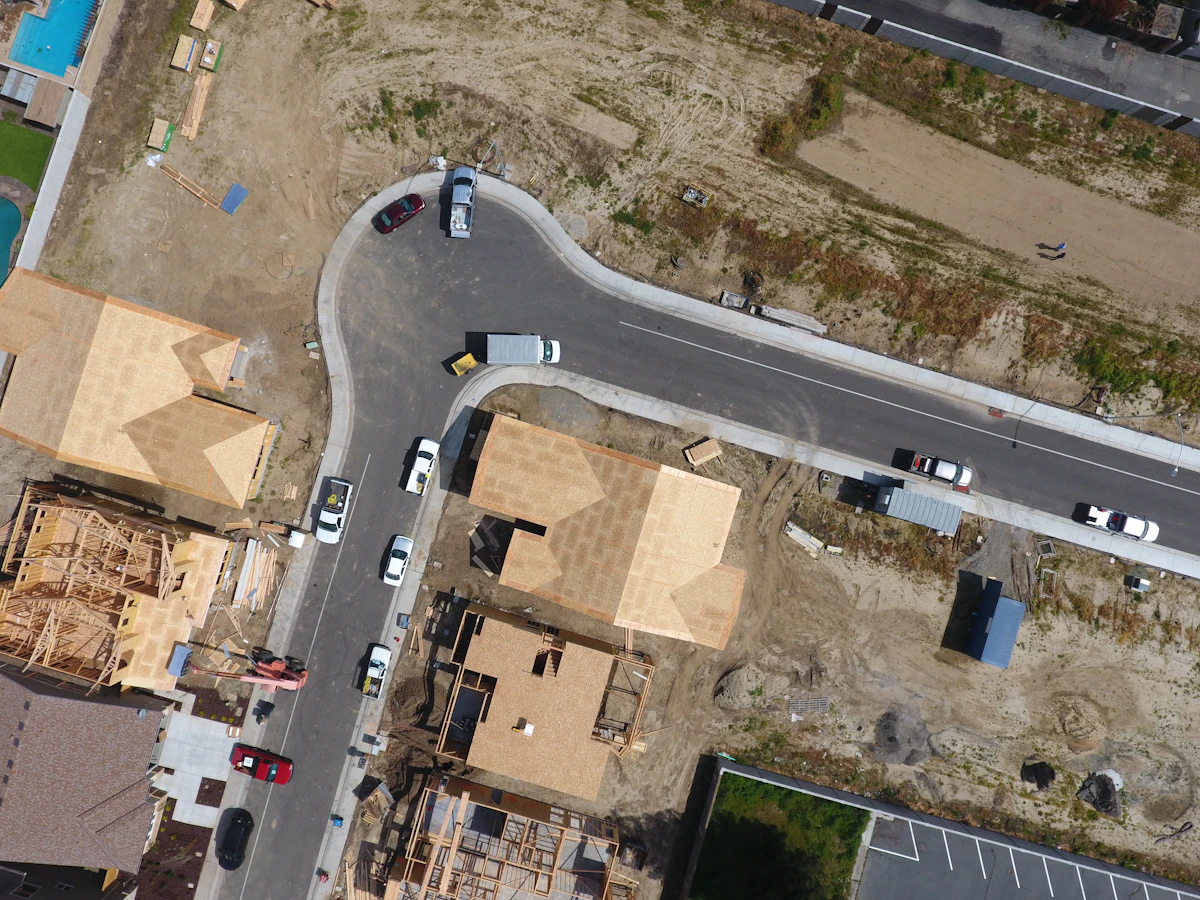 Aerial view of streets and houses under construction in Modesto