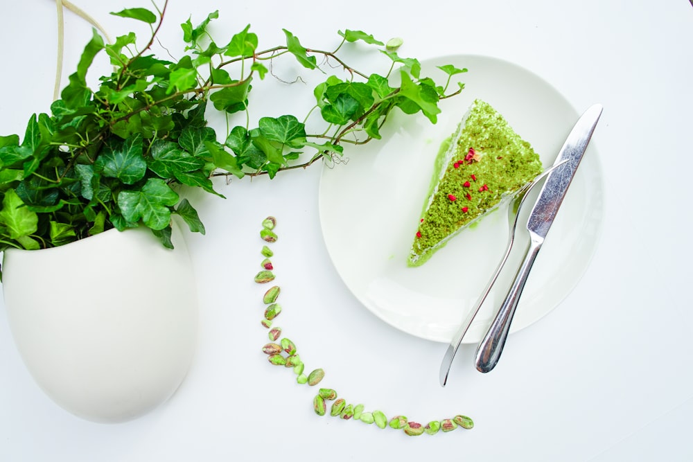 a piece of cake on a plate next to a plant